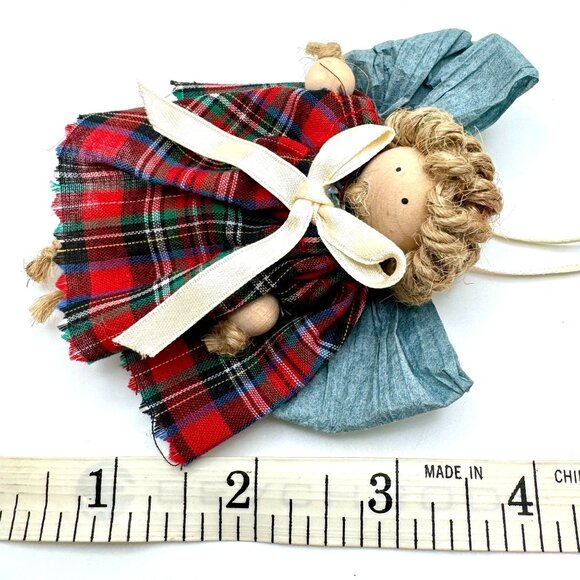 Handmade Plaid Spool Angel Ornament With Blue Wings Beige Bow For Holiday Decor - Picture 4 of 5